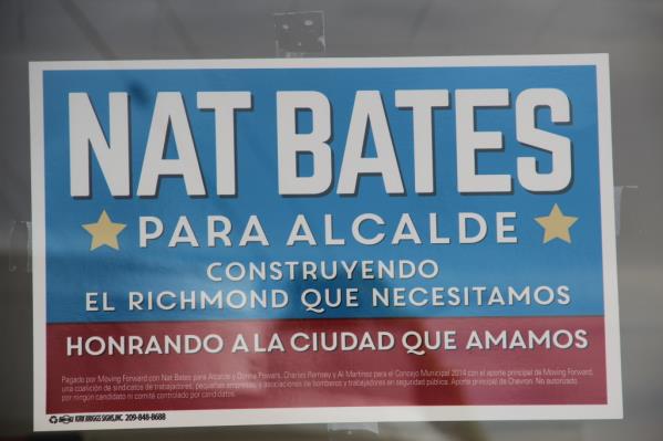 A sign authorized and paid for by Moving Forward in support of Nat Bates. (photo by Harriet Rowan) 